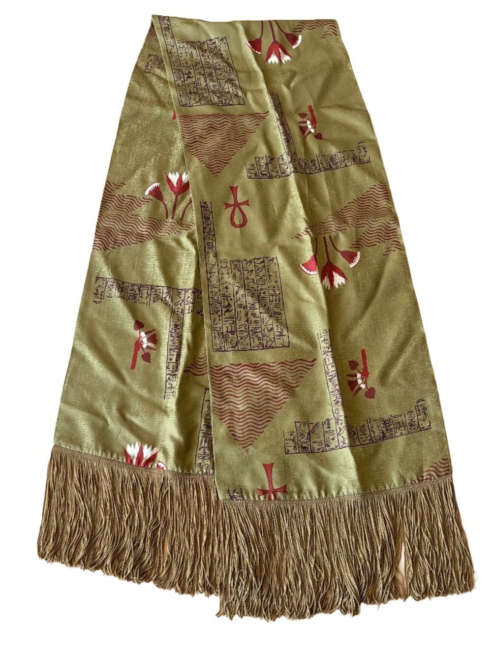 Vintage Silk Gold and Orange Egyptian Ankh Lotus Scarf Table Runner Long Textile